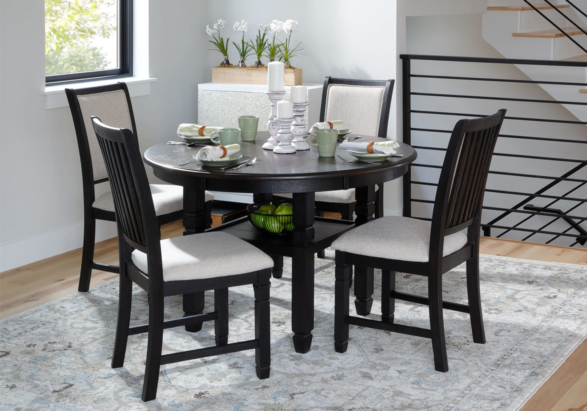 Black Wooden Round Dining Table set with Light fabric Chair seats